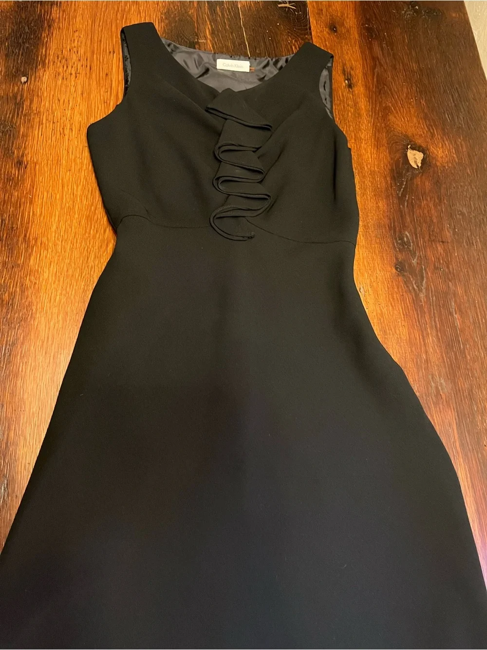 Size 4 Calvin Klein Black Knee Length Sleeveless Party Dress with Front Ruffle